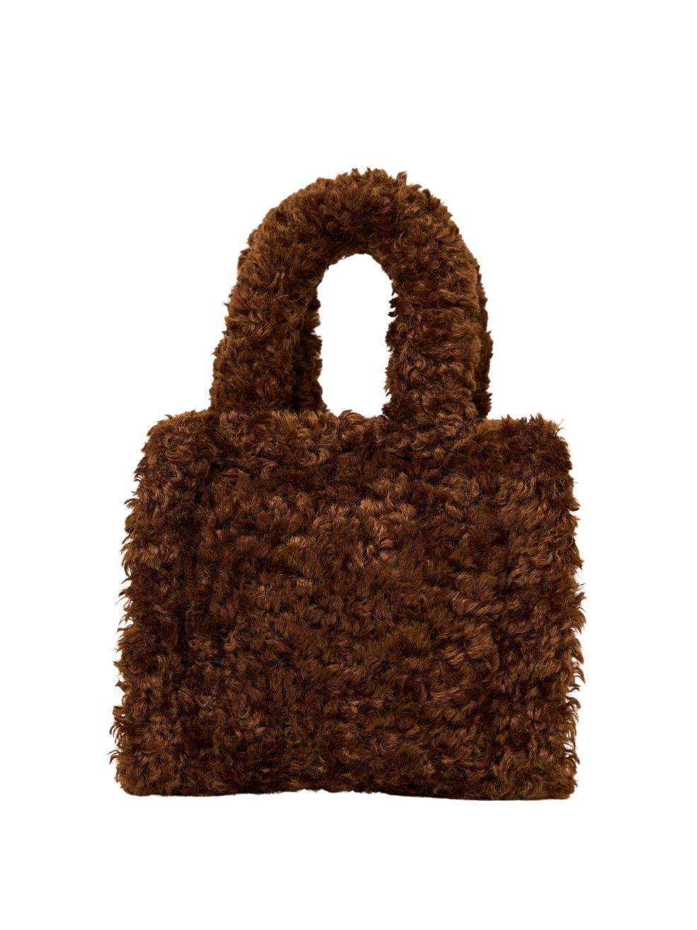 Mini Tote in Penny — front view of compact faux sherpa mini tote in warm penny brown shade with plush curly texture and sturdy handles.