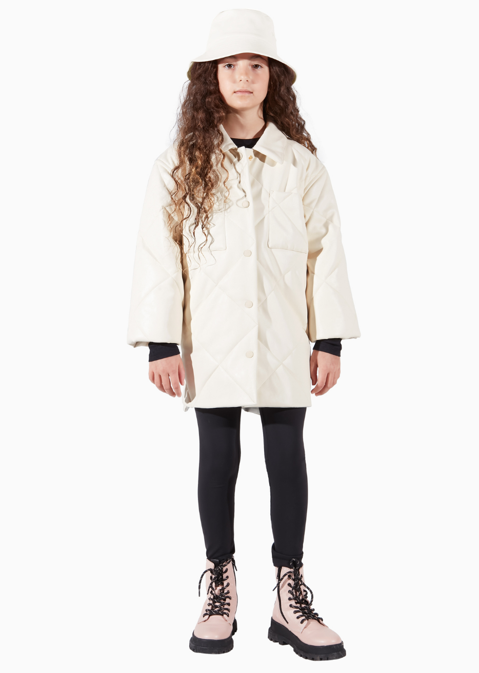 Charlie Champagne White Childrens Quilted Shacket Made in Canada Vegan Leather 